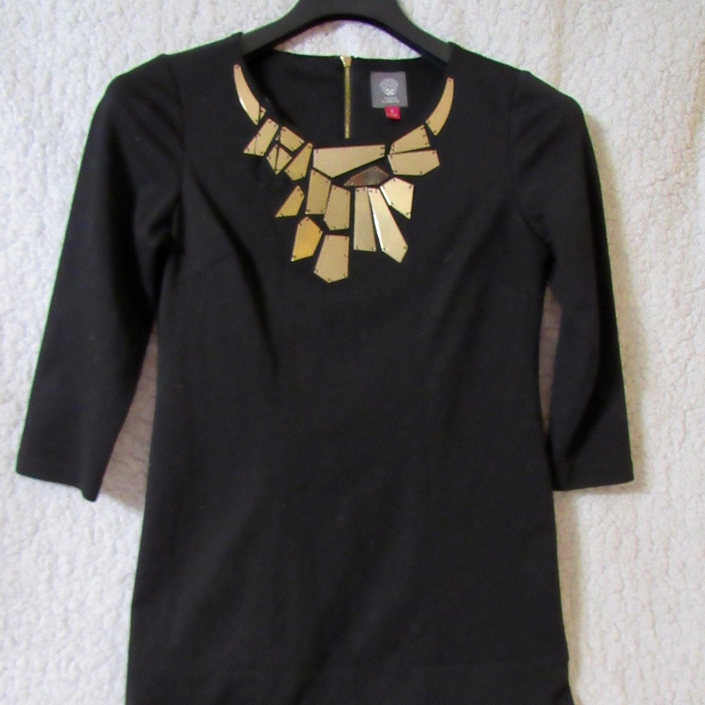 Vince Camuto Dress Womens sz 4 Black Solid Shift Midi Cocktail Polyester Stretch